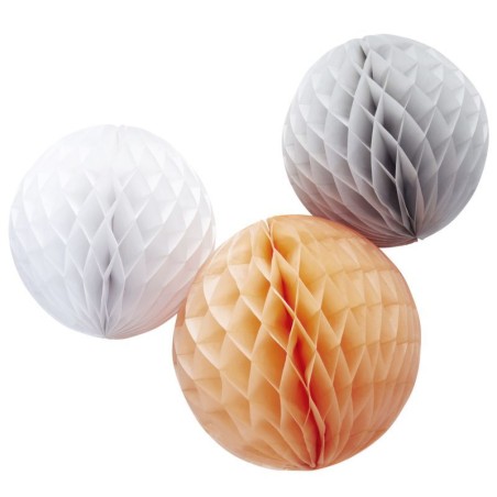 Pack de 3 Bolas Nido Abeja: Melocotón, Gris y Blanco