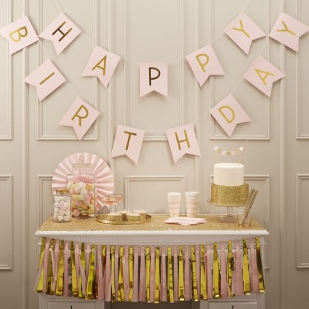 Guirnalda banderola Happy Birthday rosa y oro