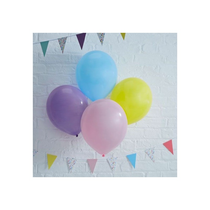 Globos de fiesta: rosa, violeta, amarillo y azul