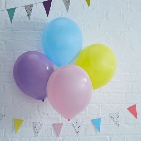 Globos de fiesta: rosa, violeta, amarillo y azul