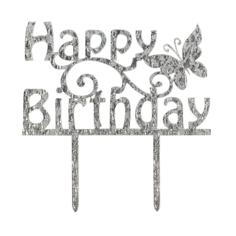 Topper para tarta Plata Happy Birthday Mariposa