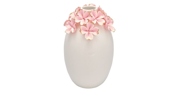 Florero de cerámica alto crema con flores rosa y oro Green Gate