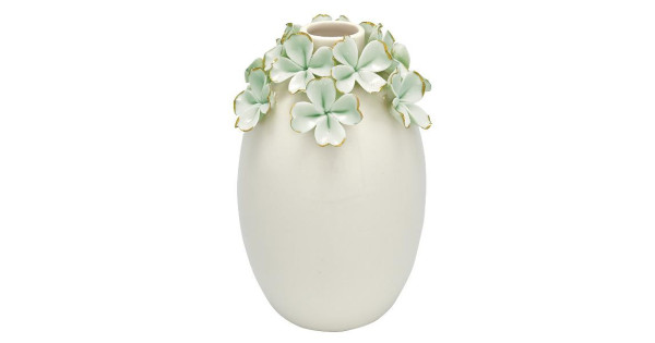Florero de cerámica alto crema con flores verde menta y oro Green Gate