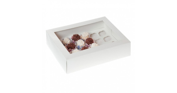 Caja para 24 mini cupcakes blanca con ventana