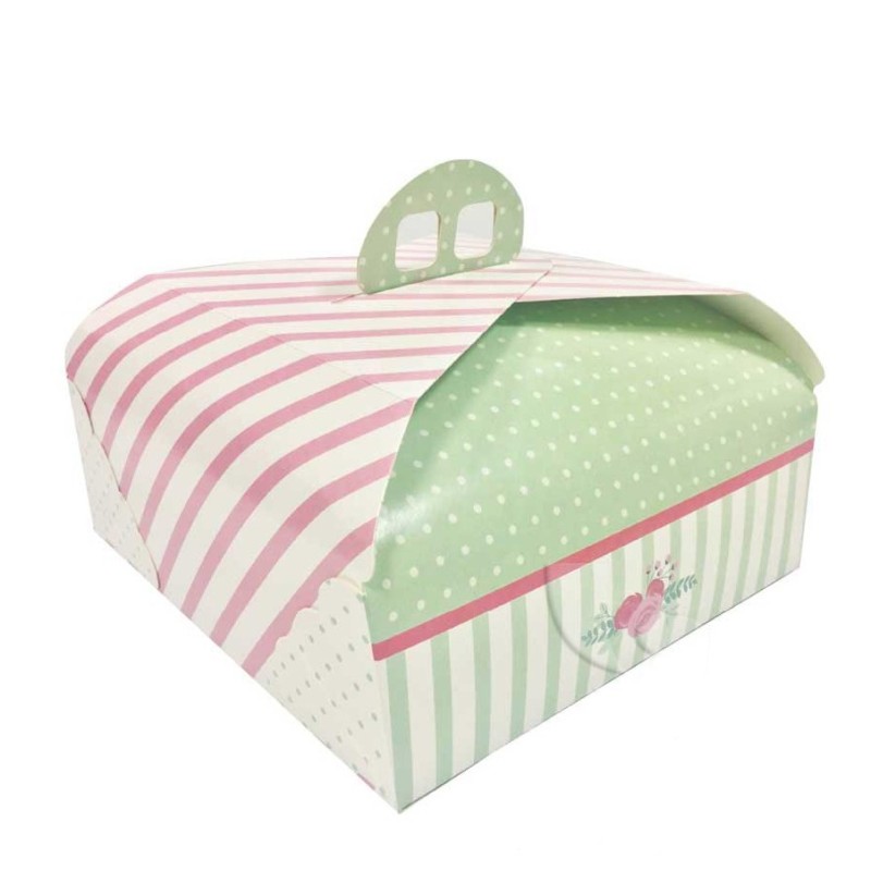 Caja de tarta con asas de 28 cm Verde y Rosa Ágata