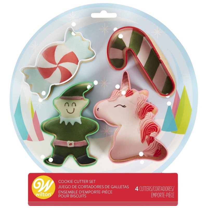 Pack 4 Cortantes Gnomo, Unicornio, Bastón y Caramelo Navidad Wilton
