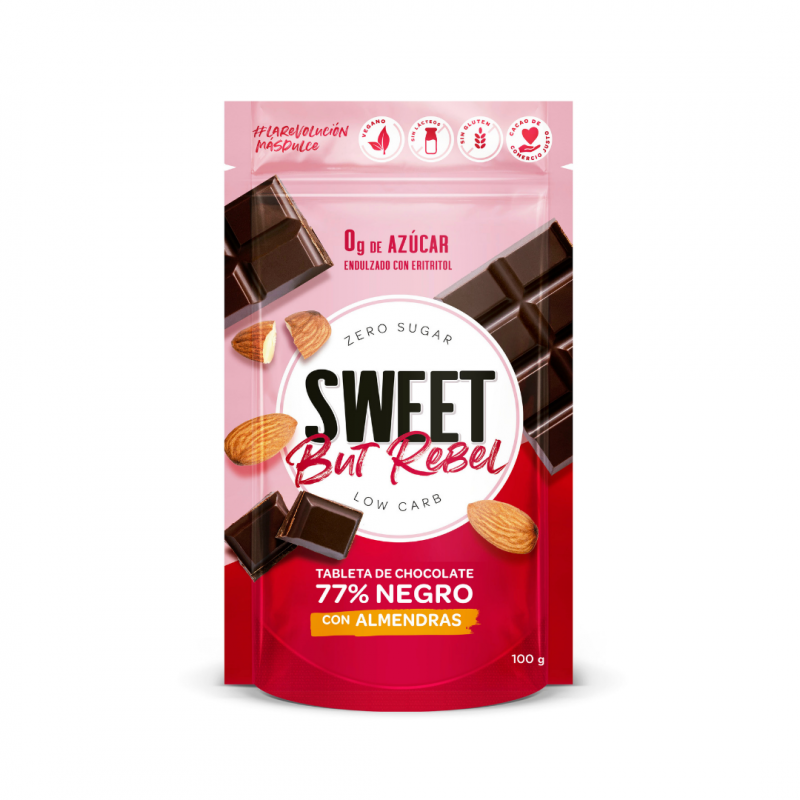 Tableta de Chocolate Negro 70% con almendras SIN AZÚCAR KETO 100g Sweet But Rebel