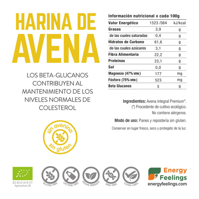 Harina de Avena Integral Sin Gluten 1kg Energy Feelings