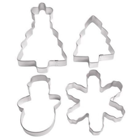 Cortantes, pack 4 cortantes: árbol, árbol con estrella, muñeco nieve y copo de nieve Wilton