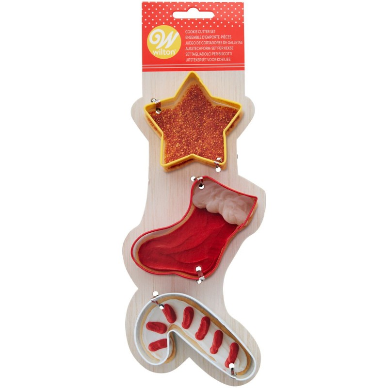 Pack 3 Cortantes Estrella, Bastón de Caramelo y Calcetín de Navidad Wilton