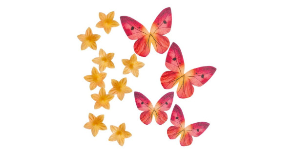 Decoraciones comestibles de oblea Mini Flores Amarillas y Mariposas Rojas Dekora