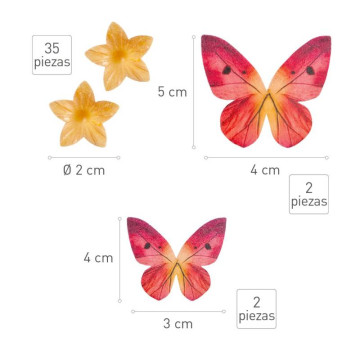 Decoraciones comestibles de oblea Mini Flores Amarillas y Mariposas Rojas Dekora