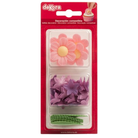 Decoraciones comestibles de oblea Flores Rosa y Violetas y Hojas Dekora