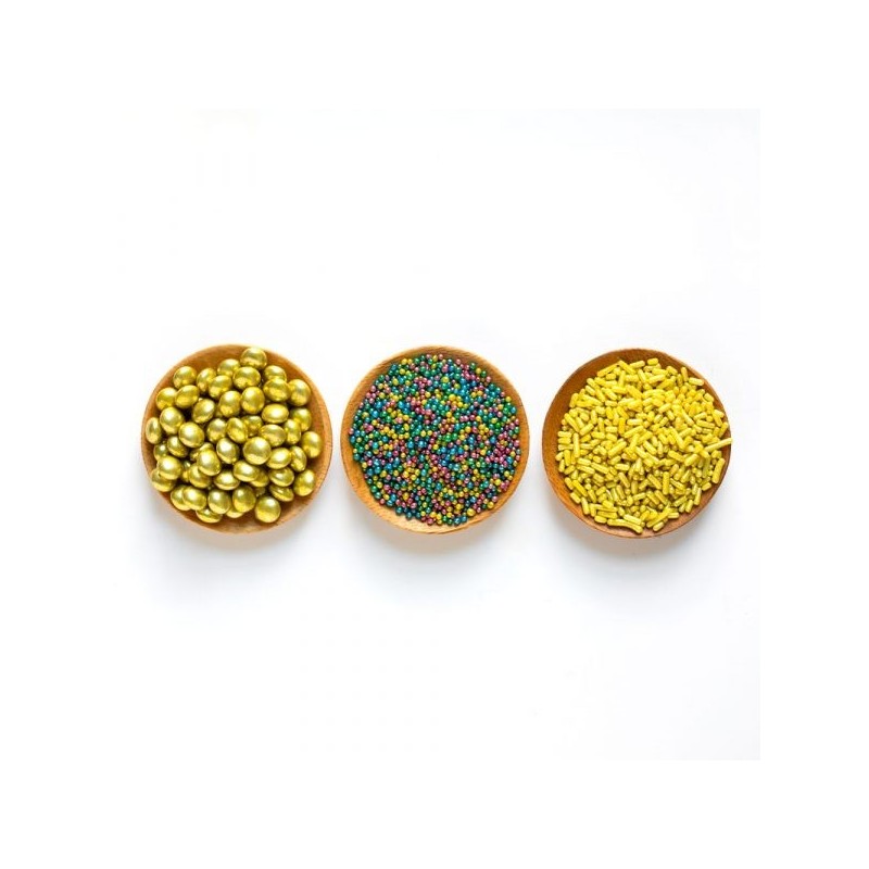 Pack 3 Sprinkles: Lentes de Chocolate, Mini Perlas y Fideos Oro Multicolor Decora Italia