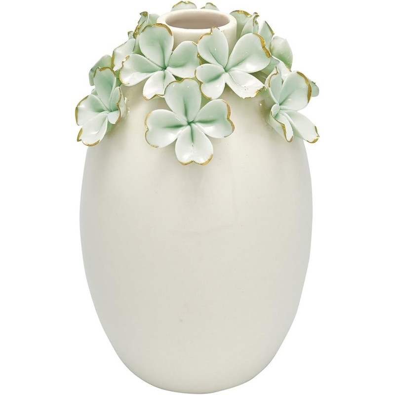 Florero de cerámica alto crema con flores verde menta y oro Green Gate