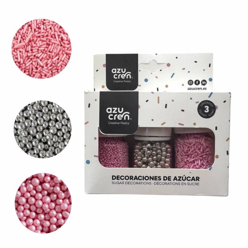 Pack 3 Sprinkles: Fideos Rosa, Perlas Plata y Mini Perlitas Rosa 90g Azucren