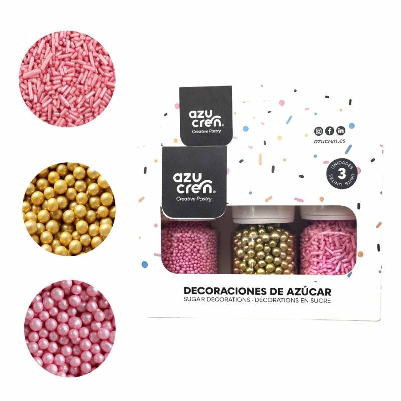 Pack 3 Sprinkles: Fideos Rosa, Perlas Oro y Mini Perlitas Rosa 90g Azucren