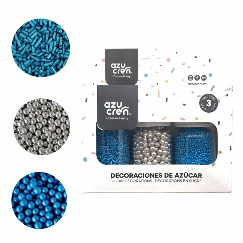 Pack 3 Sprinkles: Fideos Azul, Perlas Plata y Mini Perlitas Azul 90g Azucren