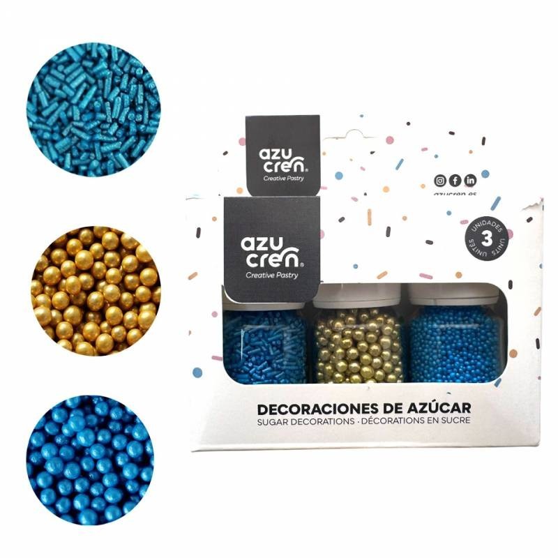 Pack 3 Sprinkles: Fideos Azul, Perlas Oro y Mini Perlitas Azul 90g Azucren