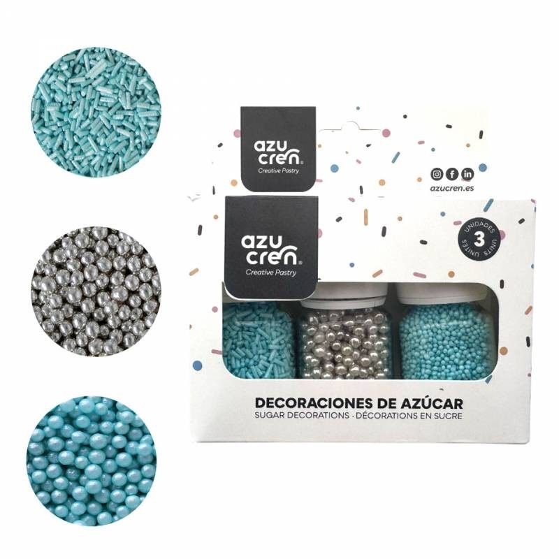 Pack 3 Sprinkles: Fideos Turquesa, Perlas Plata y Mini Perlitas Turquesa 90g Azucren