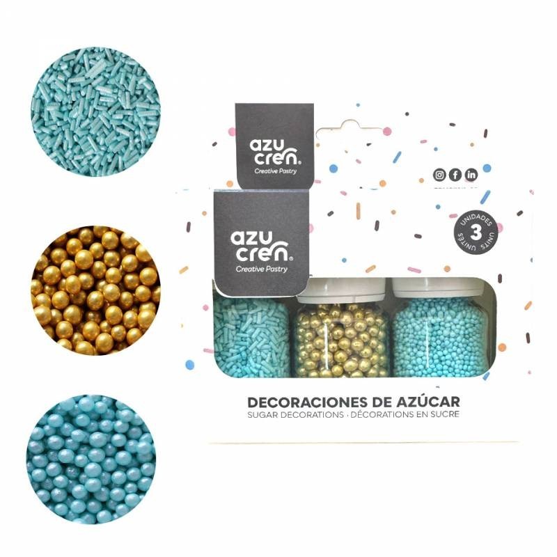 Pack 3 Sprinkles: Fideos Turquesa, Perlas Oro y Mini Perlitas Turquesa 90g Azucren
