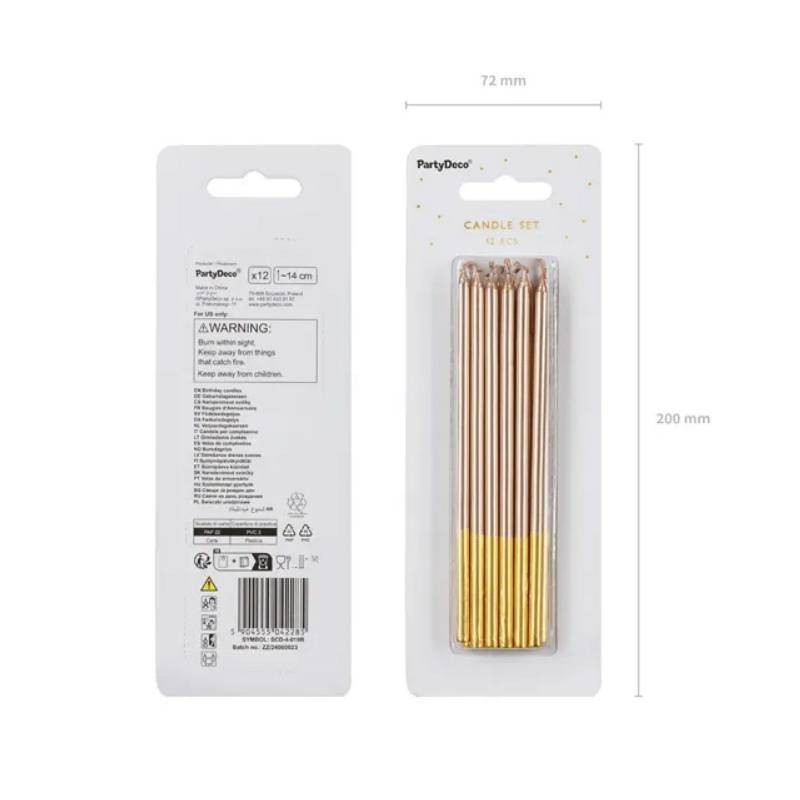 Pack 12 Velas Largas Oro Rosa y Oro de 14 cm PartyDeco