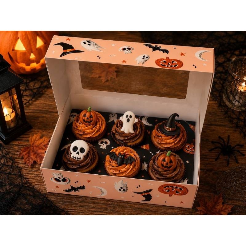 Caja para guardar y transportar 6 cupcakes o magdalenas decoradas con ventana y dibujos de temática Halloween