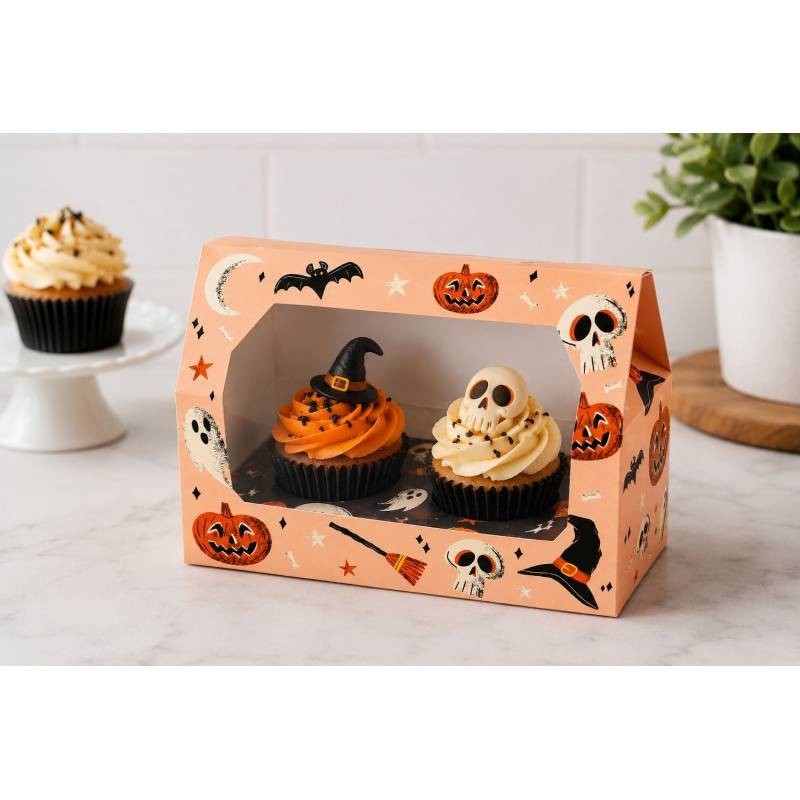 Caja ideal para 2 cupcakes con motivos de dibujos de Halloween, perfectas para dulces, cookies y magdalenas.