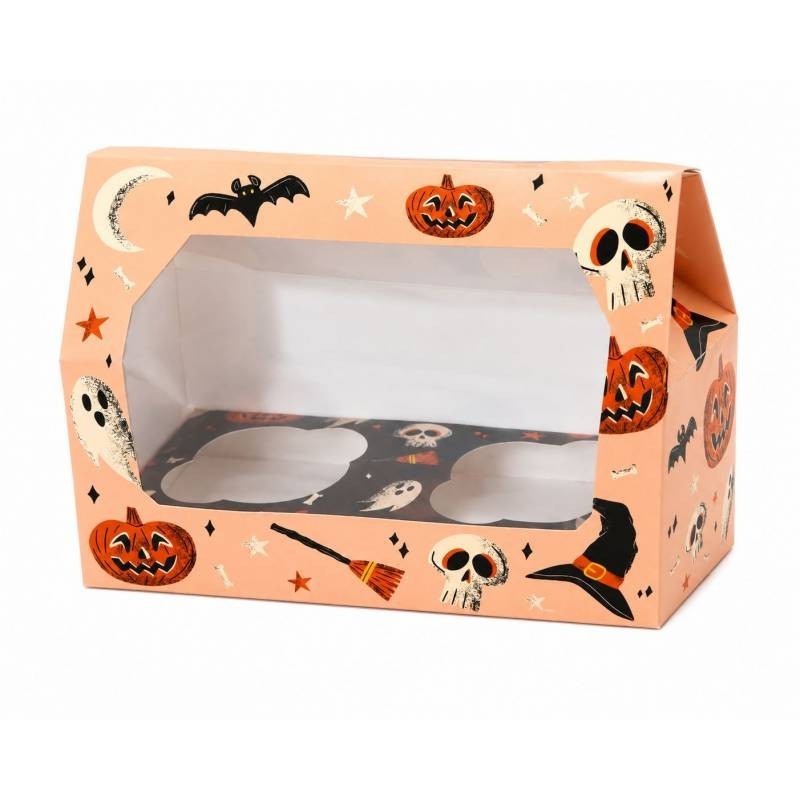 Caja ideal para 2 cupcakes con motivos de dibujos de Halloween, perfectas para dulces, cookies y magdalenas.