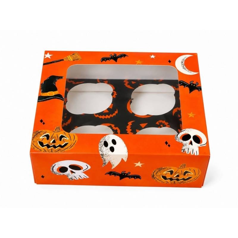 Caja para 4 Cupcakes con ventana Boo Nude Naranja Halloween Azucren