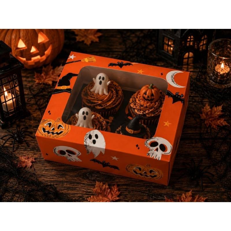 Caja para 4 Cupcakes con ventana Boo Nude Naranja Halloween Azucren