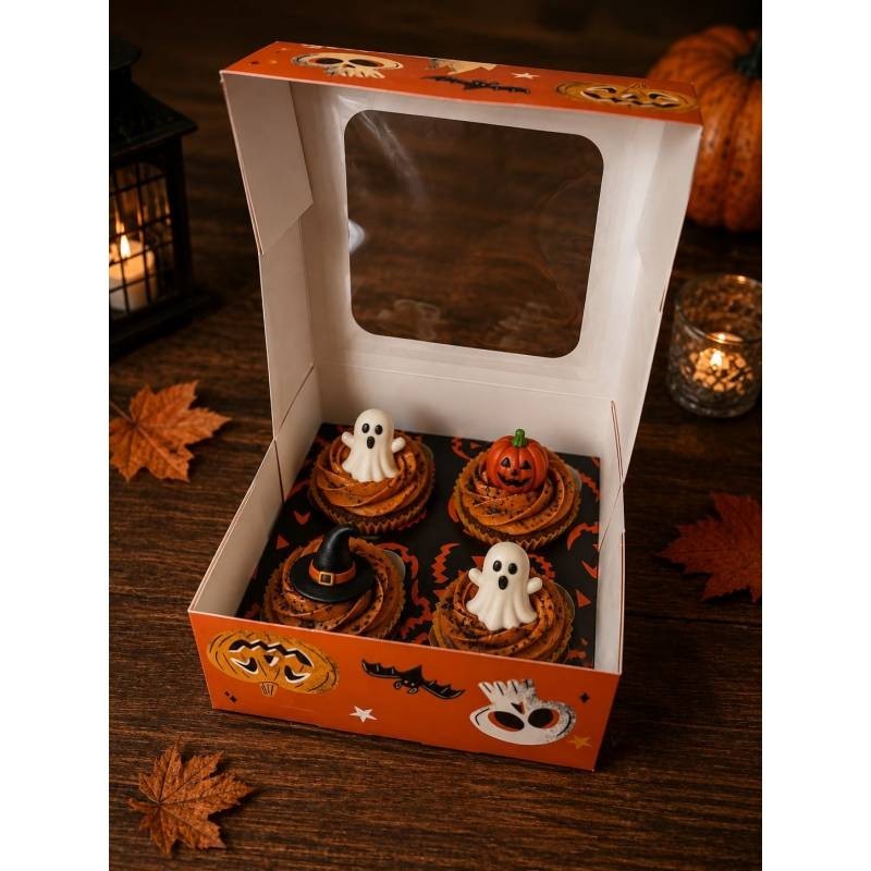 Caja para 4 Cupcakes con ventana Boo Nude Naranja Halloween Azucren