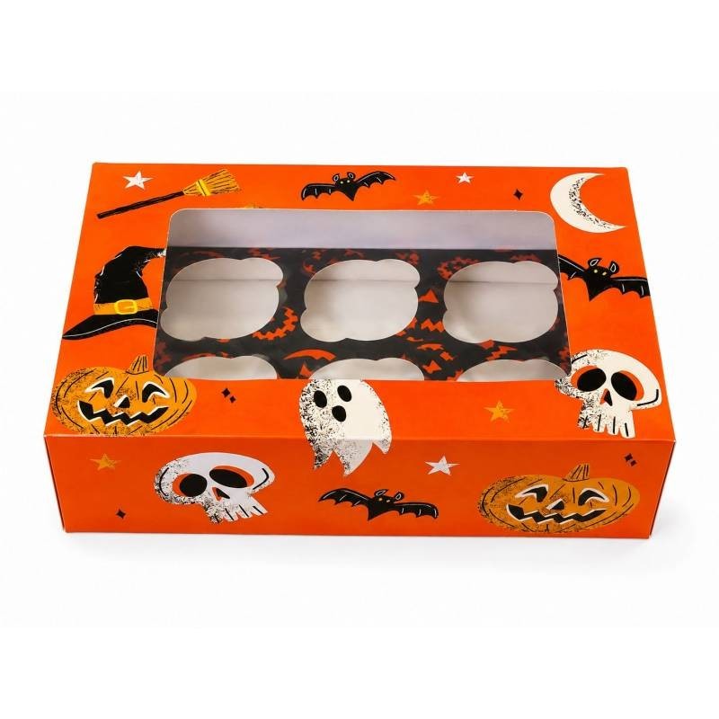 Caja para 6 Cupcakes con ventana Boo Nude Naranja Halloween Azucren