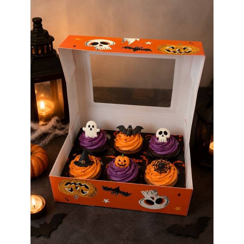 Caja para 6 Cupcakes con ventana Boo Nude Naranja Halloween Azucren
